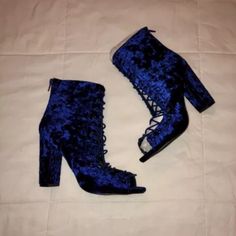 These Are Beautiful Velvet Lace Up Booties Never Been Worn With Box. Please Contact Me For Questions. Blue Heels For Winter Party, Blue Heels For Evening Winter Events, Blue Heels For Evening In Winter, Blue Party Heels For Winter, Winter Party Blue Heels, Blue Evening Heels For Fall, Blue Block Heel Party Boots, Blue Heels For Fall Parties, Blue Heels For Fall Party