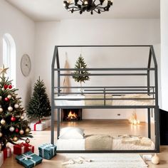 a bunk bed sitting next to a christmas tree