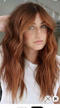 Natural Red Orange Hair Color, Mid Length Copper Hair With Layers, Hair Color Cowboy Copper, Cowgirl Copper Hair Pale Skin, Kristin Ess Copper Penny, Copper Hair And Blue Eyes, Copper Hair And Bangs, Long Layered Auburn Hair, Auburn Hair Color With Dark Roots