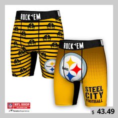 Channel your Pittsburgh Steelers spirit in everything you wear with these Two-Pack Mascot Slogan Boxer Briefs from Rock Em Socks. The boxers utilize an elastic waistband and four-way contour stretch to provide the best possible fit with each wear. The design features sublimated Pittsburgh Steelers graphics to ensure every layer you wear is as spirited as you are. Yellow Fitted Boxer Briefs For Sports, Casual Stretch Boxer Briefs For Sports, Casual Boxer Briefs For Sports Events, Yellow Casual Boxer Briefs For Sports, Casual Yellow Boxer Briefs For Sports, Steelers Gear, Nfl Chicago Bears, Steel City, Nfl Gear