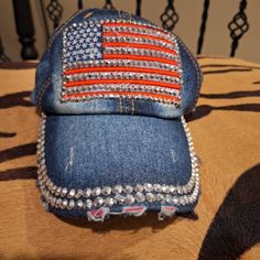 American Flag Denim Hat, New Never Worn! Embellished With Crystals! Very Unique, Adjustable! Casual Cap With Rhinestones, Casual Rhinestone Cap, Casual Snapback Baseball Cap With Rhinestones, Casual Rhinestone Hat, One Size Fits Most, Casual Rhinestone Snapback Hat, Casual Rhinestone Hat, One Size, Casual Rhinestone Hat One Size Fits Most, Casual Rhinestone Hat, Denim Baseball Cap