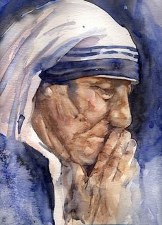 a watercolor painting of an old man with his hands clasped to his face, wearing a blue and white striped hat