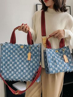 DETAILS Denim Checkerboard Tote bag Large: 13.4" L * 5.9" W * 12.2" H Small: 8.7" L * 4.3" W * 7.9" H Corset Top Dress, Trendy Pants, Suit Jumpsuit, Comfortable Sweater, Denim Details, Cutout Dress, Black Tote Bag, Blue Bags, Large Bags