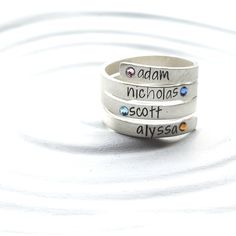 Birthstone Wrap Rings - Sterling Silver Mother's Ring - Four Name Mother's Ring - Personalized Hand Silver Sterling Birthstone Ring With Names, Silver Birthstone Ring With Names In Sterling Silver, Silver Promise Jewelry With Names, Adjustable Engraved Sterling Silver Stackable Rings, Nickel-free Sterling Silver Open Band Ring, Sterling Silver Stamped Promise Ring, Sterling Silver Rings With Names For Anniversary, Stamped Sterling Silver Promise Ring, Unique Stamped Jewelry For Promise