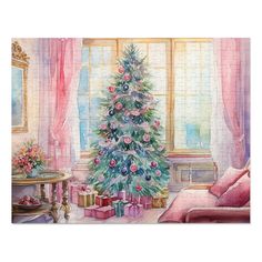 a painting of a decorated christmas tree in front of a window with pink drapes