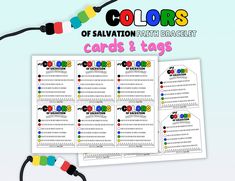 the colors of salvation faith bracelet cards and tags are shown on a white background with colorful beads