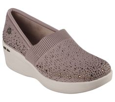 Celebrated lifestyle expert, Martha Stewart, delivers her one-of-a-kind touch to Skechers in this spirited collaboration. Shine on in fashionable flair wearing Martha Stewart x Skechers: Pier-Lite - Reflection. This casual fashion wedge features a Stretch Fit mesh knit upper with sparkle embellishments, a wedge midsole and a Skechers Air-Cooled Memory Foam insole. | Skechers Women's Martha Stewart: Pier-Lite - Reflection Slip-On Shoes | Medium Width | From the Martha Stewart x Skechers collabora Sketchers Shoes For Women, Orthopedic Shoes Stylish, Best Comfortable Shoes, Skechers Shoes Women, Future Earth, Gel Nails French, Sketchers Shoes, Skechers Relaxed Fit, Orthopedic Shoes