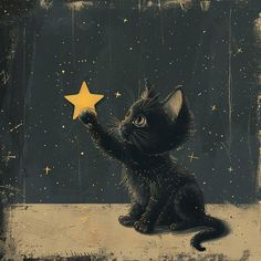 a black cat holding a yellow star in its paws and looking up at the sky