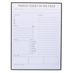 the punch today in the face planner is shown on a white background with black trim