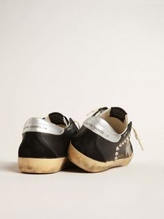 Women’s Super-Star in black leather and suede with silver studs | Golden Goose Golden Family, Goose Sneakers, Black Herringbone, Golden Goose Sneakers, Super Star, Gray Suede, Golden Goose, Metallic Leather, Inspirational Women