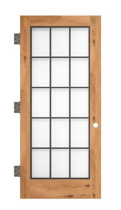 a wooden door with glass panels and metal handles