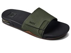 Reef Fanning Slide - Men's Shoes : Dark Olive : With a synthetic upper, padded liner, compression molded footbed with a heel airbag, plus herringbone rubber outsole, the Reef Fanning Slide features a built-in bottle opener to celebrate success. Vamp strap for support and comfort. Contoured footbed. Heel airbag. Built in bottle opener. Synthetic upper and lining. Synthetic insole and outsole. Imported. Measurements: Weight: 8 oz Product measurements were taken using size 9, width D - Medium. Plea Leather Slides With Cushioned Footbed For Outdoor, Functional Slides With Textured Footbed, Gents Slippers, Celebrate Success, Mens Sandals Fashion, Men Slides, The Reef, Male Fashion, Green Man