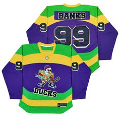 Adam Banks Ducks #99 Hockey Jersey Throwback Team-colored Cotton Jersey, Throwback College Jersey With Team Logo, College Throwback Jersey With Team Logo, Varsity Jersey With Three Stripes For Sports Events, Throwback Cotton Jersey For Sports Events, Varsity Jersey With Three Stripes For Sports Season, Throwback Team Jersey For Sports Season, Throwback Sports Jersey With Team Logo For Events, Collegiate Jersey With Contrast Stripes For Sports