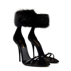 Gippy 110mm Fur-Trim Sandals From Saint Laurent Featuring Black, Leather, Ring Hardware Detailing, Open Toe, Fur Cuffs And 110mm Stiletto Heels. Heel Height: 110mm Stiletto Heels Material: Leather Design: Ring Hardware Detailing Special Feature: Fur Cuffs Toe Style: Open Toe Fur Heels Outfit, Pretty Heels, Fur Cuffs, Fur Heels, Cute Shoes Heels, Yves Saint Laurent Shoes, Heels Outfits, Club Ideas, Leather Ring