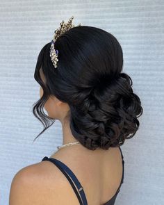 Regal Crown Hairstyles to Inspire You Quinceanera Hair Updo, Updo Quince Hairstyles, Hair Updos For Quinceanera, Sweet 16 Updo Hairstyles With Tiara, Quinceanera Hairstyles Bun With Curls, 15 Hair Quinceanera Bun, Hair Up Quinceanera Hairstyles, Low Bun Quince Hairstyles, Quinceanera Hairstyles Updo Buns