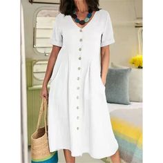 Season:Summer,Spring; Fabric:Linen Cotton Blend; Sleeve Length:Short Sleeve; Look After Me:Machine wash; Gender:Women's; Style:Modern,Basic; Elasticity:Inelastic; Occasion:Weekend,Daily; Fit Type:Loose Fit; Dresses Type:Cotton Linen Dress,White Dress,Casual Dress; Pattern:Plain; Design:Pocket,Button; Neckline:V Neck; Front page:FF; Listing Date:03/06/2024; Production mode:External procurement; Bust:; Length:; Shoulder Width:; Sleeve:; Dress Length Type:Midi Dress; Print Type:non-printing Cotton Long Dress, Cotton Linen Dresses, High Waist Dress, High Waist Fashion, Straight Dress, Hipster Fashion, Basic Outfits, Mongolia, Look Casual