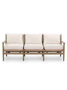 the three seat sofa is made from wood and has white fabric on it, with two arms