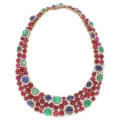 Multi Gemstone Lab Cabochon Ruby, Emeralds, Sapphires & CZ Statement Necklace Elegant Multicolor Cabochon Gemstones, Luxury Multicolor Necklace With Gemstone Accents, Luxury Multicolor Necklaces With Gemstone Accents, Luxury Multicolor Gemstone Necklaces, Luxury Multicolor Oval Necklaces, Multicolor Necklaces With Gemstone Accents For Formal Occasions, Exquisite Multi-stone Round Necklace, Elegant Multicolor Cabochon Necklaces, Multicolor Cabochon Costume Jewelry