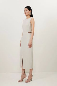 Petite Melange Tailored Pu Tab Detail Midi Dress | Karen Millen Midi Length Workwear Dresses With Side Slits, Elegant Midi Dress With Side Slits For Work, Fitted Maxi Length Office Dress, Fitted Maxi Dress For Office, Fitted Maxi Dress With Side Slits For Work, Chic Tailored H-line Dresses, Fitted Sheath Maxi Dress For Work, Elegant Maxi Dress With Side Slits For Work, Fitted Midi Length Maxi Dress For Office