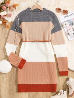 Teen Girl Color Block Drop Shoulder Sweater Dress Without Belt Multicolor Casual  Long Sleeve Knitwear Colorblock  High Stretch  Teen Girls Clothing, size features are:Bust: ,Length: ,Sleeve Length: Sport Pants Outfit, Denim Midi Skirt Outfit, Knit Two Piece Set, Girls Sweater Dress, Midi Skirt Outfit, Slim Fit Sweater, Drop Shoulder Sweater, Drop Shoulder Sweaters