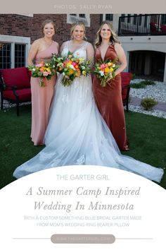 three bridesmaids posing for a photo in front of a house with the words, the