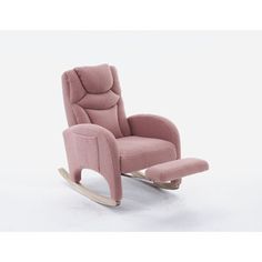 a pink rocking chair with foot rest