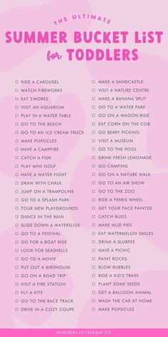 the ultimate summer bucket list for toddlers with pink background and white text on it