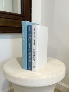 two blue books sitting on top of a white toilet in a bathroom next to a mirror