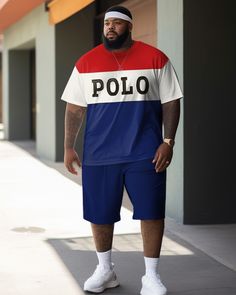 This set features a splicing style. The red, white, and blue color blocks and the printed "POLO" make this set full of street fashion. The loose cut is very friendly to plus-size men and is ideal for hot summer days. It is light and breathable, suitable for daily casual wear. Type: Short Sleeve T-shirt Shorts Set Design: Print, Color block, Letter, Red, White, Blue Style: Casual Fit: Loose Neckline: Crew Sleeve Length: Short Sleeve Occasion: Casual, Street Strolling, Gym, Vacation, Parties Pleas Mens Plus Size Fashion, Athleisure Shorts, Gift For Father, Polo Sport, Sports Travel, Father Son, Athleisure Fashion, Men's Suit, T Shirt And Shorts