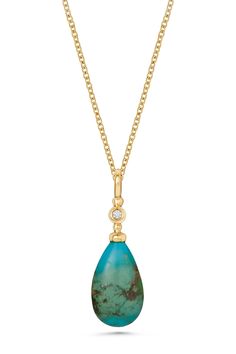 Gold & Stone Necklace - An elegant 18k gold pendant featuring a top-drilled blue and teal turquoise drop with a celestial elemental matrix, topped with a brilliant-cut diamond. Lobster clasp closure.<br>Brilliant-cut diamond: 0.03ct, VS/G+ Elegant Yellow Gold Turquoise Pendant Necklace, Elegant Turquoise Teardrop Pendant Jewelry, Elegant Turquoise Necklace With Detachable Pendant, Elegant Yellow Gold Turquoise Necklace With Cabochon, Elegant Yellow Gold Turquoise Cabochon Necklace, Luxury Turquoise Teardrop Jewelry, Elegant Turquoise Necklaces With Diamond Accents, Elegant Turquoise Necklace With Diamond Accents, Elegant Green Teardrop Turquoise Necklace