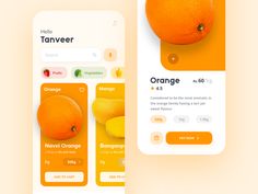 an orange is on the app next to another mobile device with fruit and texting