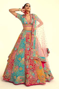 Multi color blouse with floral printed threads, sequins and lace border embroidery. Paired with coordinating lehenga and dupatta. - Aza Fashions Traditional V-neck Choli With Intricate Embroidery, Bollywood Style Embroidered V-neck Set, Multicolor Choli With Resham Embroidery For Reception, Multicolor Resham Embroidery Choli For Reception, Multicolor V-neck Choli For Festive Occasions, V-neck Wedding Sets With Floral Embroidery, Anarkali Choli With Multicolor Floral Embroidery, Multicolor Embroidered Choli For Reception, Multicolor Floral Embroidery Lehenga For Diwali