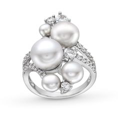 You’ll have a wow moment when you add this alluring cluster ring to your attire. Sterling silver This cluster design features multi-sized button-shaped freshwater cultured pearls and round white lab-created sapphires Dainty white lab-created sapphires line the bypass split shank Elegant Silver Multi-stone Cluster Ring, Cluster Design, White Lab, Bypass Ring, Split Shank, Freshwater Cultured Pearls, Cluster Ring, Cultured Pearls, Pearl White