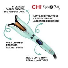 Chi Spin N Curl Rotating Curler Creates Flawless, Beachy Waves At The Push Of A Button. Hair Is Drawn Into The Curl Chamber Where It Is Heated And Timed To Create Perfect Curls And Waves Every Time! The Digital Temperature Display Offers Easily Adjustable Temperature Settings And A Selection Of Preset Temperature Settings For Each Hair Texture, Creating A Customizable Styling Experience While Avoiding Unnecessary Heat Damage. Ceramic Heat Technology Produces Far Infrared Heat While The Conditioning Benefits Of Negative Ions Results In Shinier, Healthier And More Beautiful Hair. Curling Hair Has Never Been So Effortless With The Chi Spin N Curl! Ideal For Shoulder-Length Hair Between 6-16 Chi Hair Products, Curling Hair, The Chi, Hair Curling, Beachy Waves, Heat Damage, Hair Texture, Perfect Curls, Hair Curlers