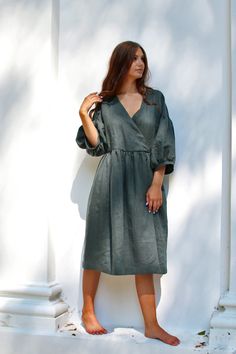 HERITAGE linen puff sleeve loose & oversized dress is great for everyday use. It feminine, elegant and comfortable. Can be work with high heels,sandals or sneakers. It has two pockets on each side. It has that hint of vintage. Color in pictures is Sacramento Green & Raspberry --------SIZING GUIDE BODY-------- SIZE XS Chest 84 cm / 33.1 in Waist 68 cm / 26.8 in Hip 92 cm / 36.2 in SIZE S Chest 88 cm / 34.6 in Waist 72 cm / 28.3 in Hip 96 cm /37.8 in SIZE M Chest 92 cm / 36.2 in Waist 76 c Oversized Puff Sleeve Dress For Fall, Oversized Fall Dress With Bishop Sleeves, Oversized Dress With Gathered Puff Sleeves, Oversized Puff Sleeve Dress With Gathered Sleeves, Casual Dress With Bishop Pleated Sleeves, Casual Dress With Pleated Bishop Sleeves, Casual Dresses With Pleated Balloon Sleeves, Casual Dresses With Balloon Sleeves, Casual Dress With Bishop Sleeves And Pleated Details