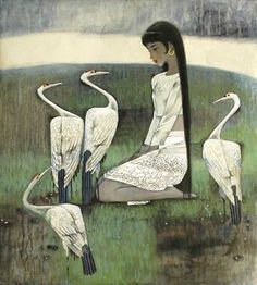 a woman sitting in the grass with four birds on her lap and one bird standing next to her