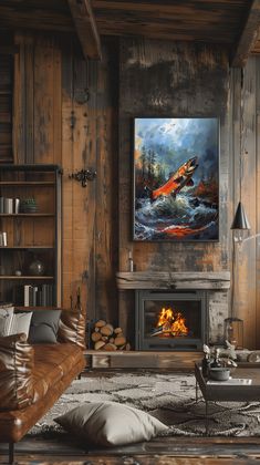 a living room filled with furniture and a fire place in front of a painting on the wall