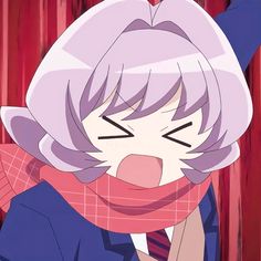 an anime character with pink hair and purple eyes, wearing a red scarf over her head