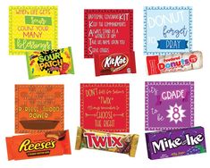 six different types of candy bar wrappers