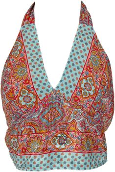 A colorful printed sleeveless crop top with a tie behind the back and neck. The halter neck bralette has straps that come up from the sides of the bralette that extend behind the neck, creating a halter-style neckline. #tlb #Sleeveless #beachwrap #bohemianfashion #Handmade #BohemianTop Backless Halter Top With Built-in Bra For Vacation, Sleeveless Crop Top With Built-in Bra For Beach, Festival Halter Top With Built-in Bra, Sleeveless Crop Top With Built-in Bra For Poolside, Beach Season Halter Top With Built-in Bra And T-back, T-back Tie Back Halter Top For Vacation, Summer Halter Top With Built-in Bra And T-back, Bohemian Halter Top With Built-in Bra, Multicolor Printed Cropped Crop Top