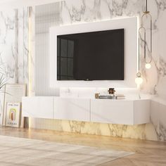 a tv mounted on the wall in a living room with marble walls and flooring