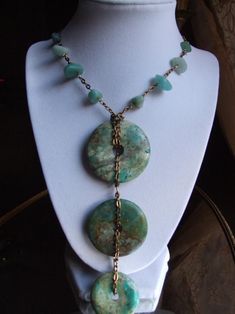 Ancient Triple Turquoise Stone Disk Neclace and Earring Set / | Etsy Bohemian Turquoise Amazonite Jewelry, Bohemian Round Jade Jewelry, Chrysoprase Jewelry With Natural Stones For Jewelry Making, Jade Stone Jewelry Making Supplies, Round Turquoise Aquamarine Necklace, Bohemian Aquamarine Jewelry In Turquoise, Turquoise Aquamarine Round Necklace, Turquoise Aquamarine Necklace, Bohemian Aquamarine Turquoise Jewelry