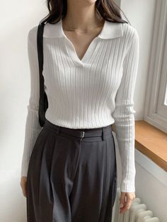 Women's Business Casual Turn-Down Collar Fitted Long Sleeve Sweater White Casual  Long Sleeve Knitwear Plain Basic Tops High Stretch  Women Clothing, size features are:Bust: ,Length: ,Sleeve Length: Trendy V-neck Polo Sweater For Winter, Trendy V-neck Polo Sweater For Fall, Long Sleeve Knitted Tops For Work, White Collared Ribbed Sweater, Ribbed Long Sleeve Knit Top For Work, Trendy Knitted Tops For Work, Collared Ribbed Sweater For Fall, Trendy Collared Tops For Winter, Trendy Collared Winter Tops