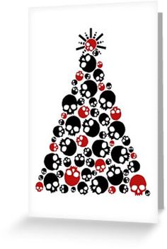 a christmas tree made up of skulls and skulls on white greeting card with black background