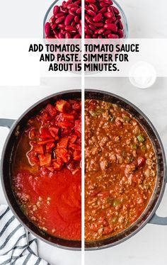 two images showing the steps to make tomato sauce and how to use it for cooking