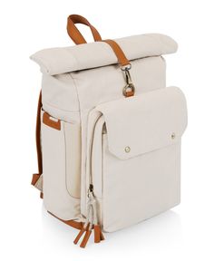 a white backpack with brown straps on the front and side pockets, sitting against a white background