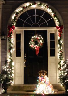 a dog sitting on the steps in front of a door decorated with christmas wreaths and lights