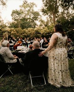 Bride in white star wedding dress plus size behind her groom at the reception in a forested area. Star Wedding Dress, Glittery Wedding, Wedding Dress Brands, Wedding Dress Plus Size