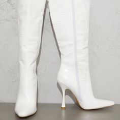 Shop tarqueenio's closet or find the perfect look from millions of stylists. Fast shipping and buyer protection. Elevate your weekend look with these must-have boots doll. Featuring a white PU croc material with pointed toes, flare heels, and a knee-high length. PU Zip fastening 4.5" Heel Size 8. Brand new in box. I am happy to answer any questions. White High Heel Knee-high Boots For Formal Occasions, White High Heel Knee-high Boots For Formal Events, White Fitted Heeled Boots With Pointed Toe, Fitted White Synthetic Heeled Boots, Fitted White Heeled Boots For Spring, Pointed Toe Synthetic Knee-high Boots For Spring, White Synthetic Heeled Boots For Party, White Pointed Toe Knee-high Boots For Winter, Spring Synthetic Knee-high Boots With Pointed Toe