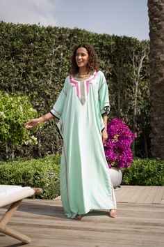 "**Note : The kaftan in the video is a different color of the same kaftan and is shown to display the cut, fit, and fabric. You will receive the kaftan in the pictures.** An elegant Moroccan caftan will make you feel like African royalty. It's extremely elegant with a dash of classy cotton embroidery in the front. Ideal for plus size women as well. Made of extremely soft fabric to make you feel free and beautiful at the same time.  This Kaftan is ideal to wear for any casual occasion. Whether ta Embroidered Green Kaftan, Green Kaftan For Eid Vacation, Green Kaftan For Vacation And Eid, Turquoise Kaftan For Festival, Summer Kaftan, Embroidered Caftan, Kaftan Designs, African Royalty, Cotton Caftan